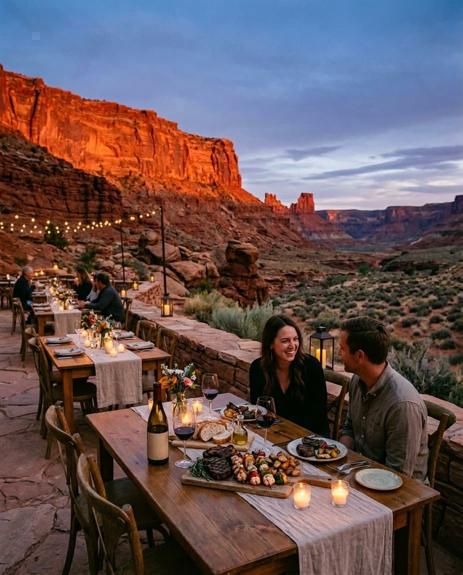 Candlelit tables on a stone terrace at dusk, with grilled food and wine, red cliffs behind