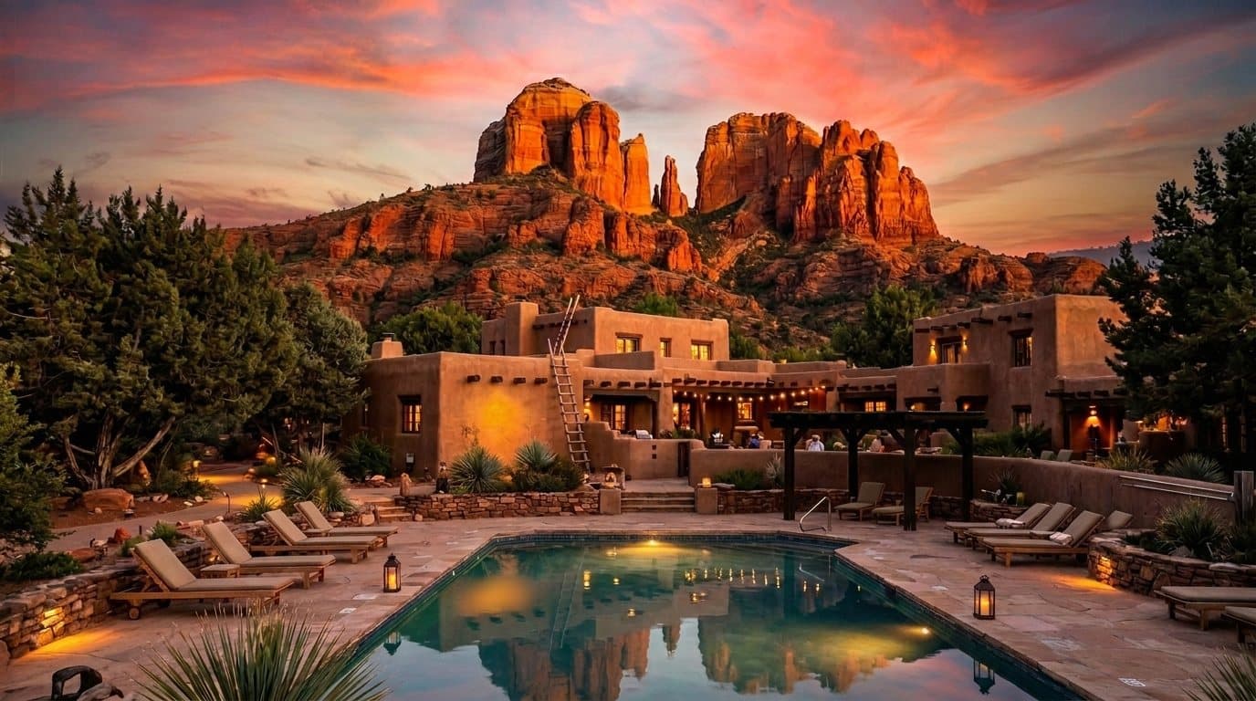 A small adobe hotel and its pool below red rock buttes at sunset
