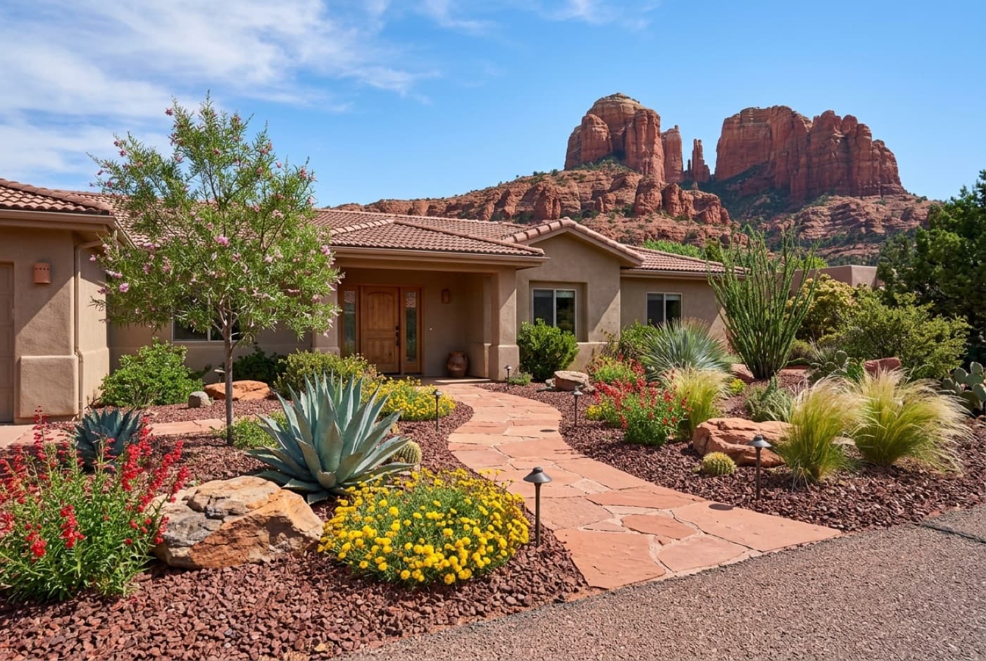 The front yard after: flagstone walk, agave, desert marigold, penstemon and a desert willow