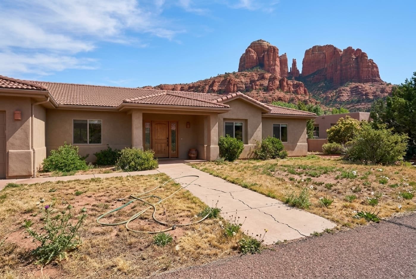 The same front yard before: a dead brown lawn, weeds and a cracked concrete walk