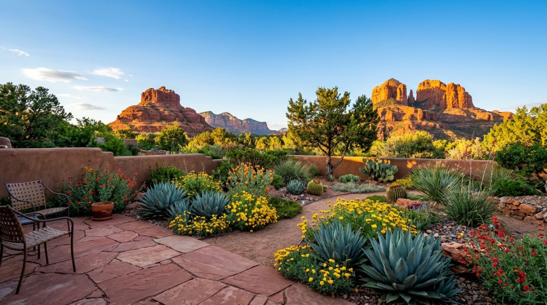 A Sedona backyard garden at golden hour: red flagstone patio, blue agaves, yellow desert marigold, red penstemon and the red rocks behind