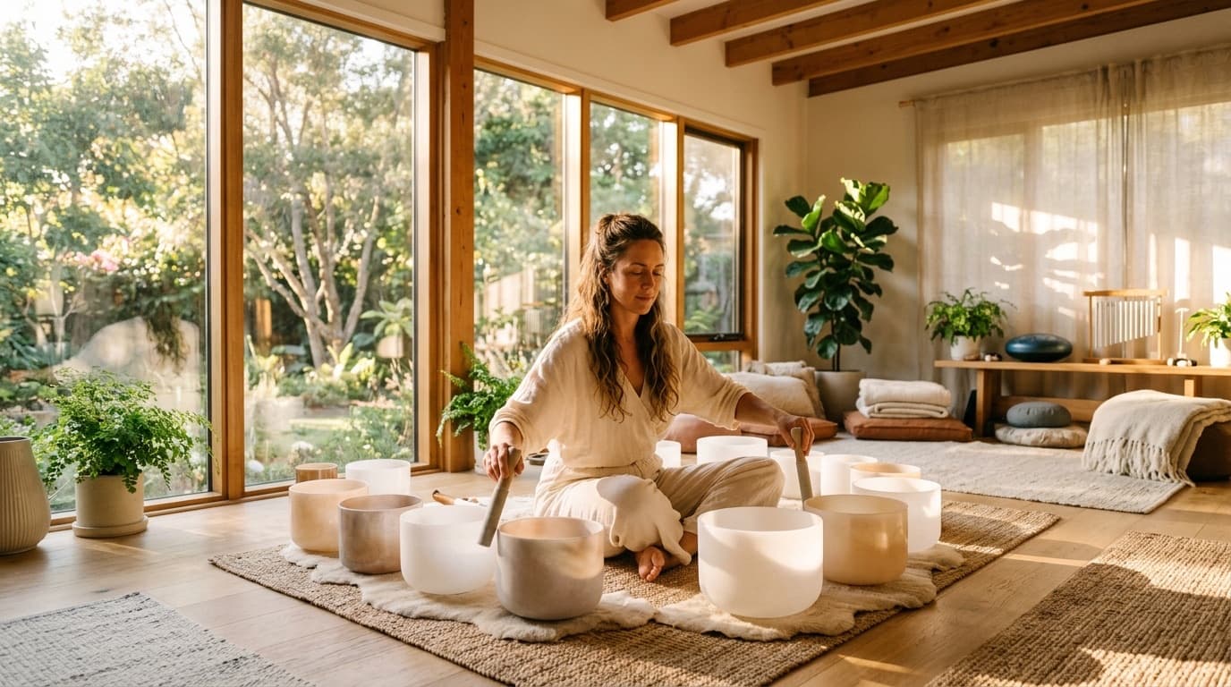 A sound healer playing crystal singing bowls in a sunlit studio