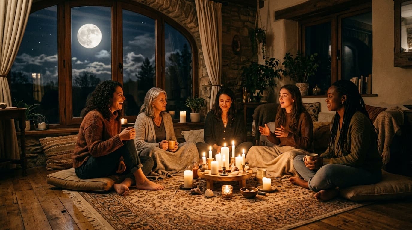 A small circle of women around candles at night, a full moon in the window