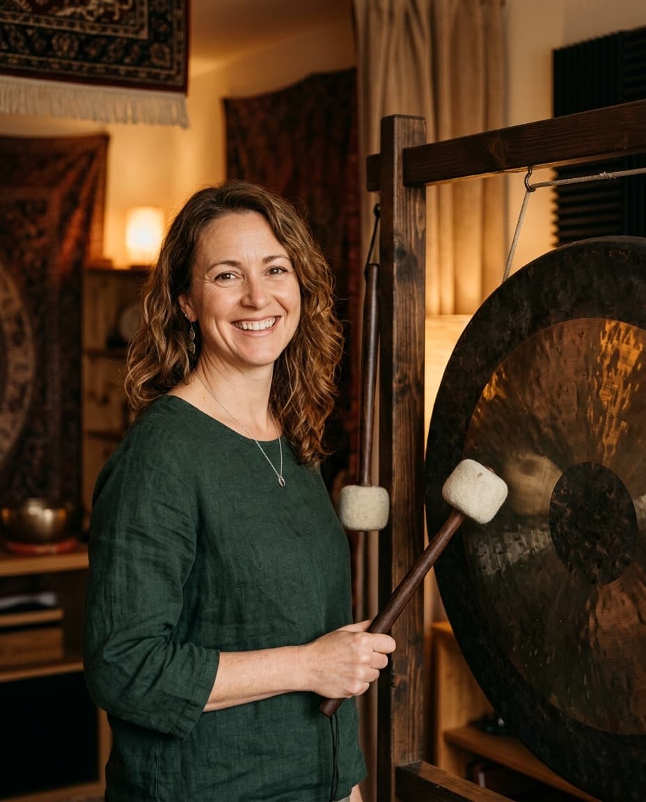 Iris, smiling, holding a felt mallet beside a gong