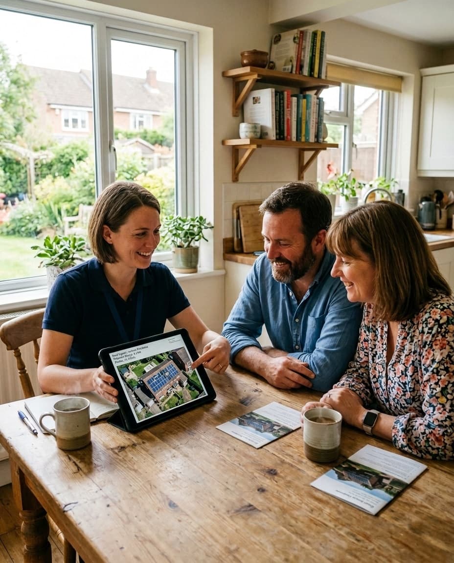 A designer showing a couple their roof layout on a tablet