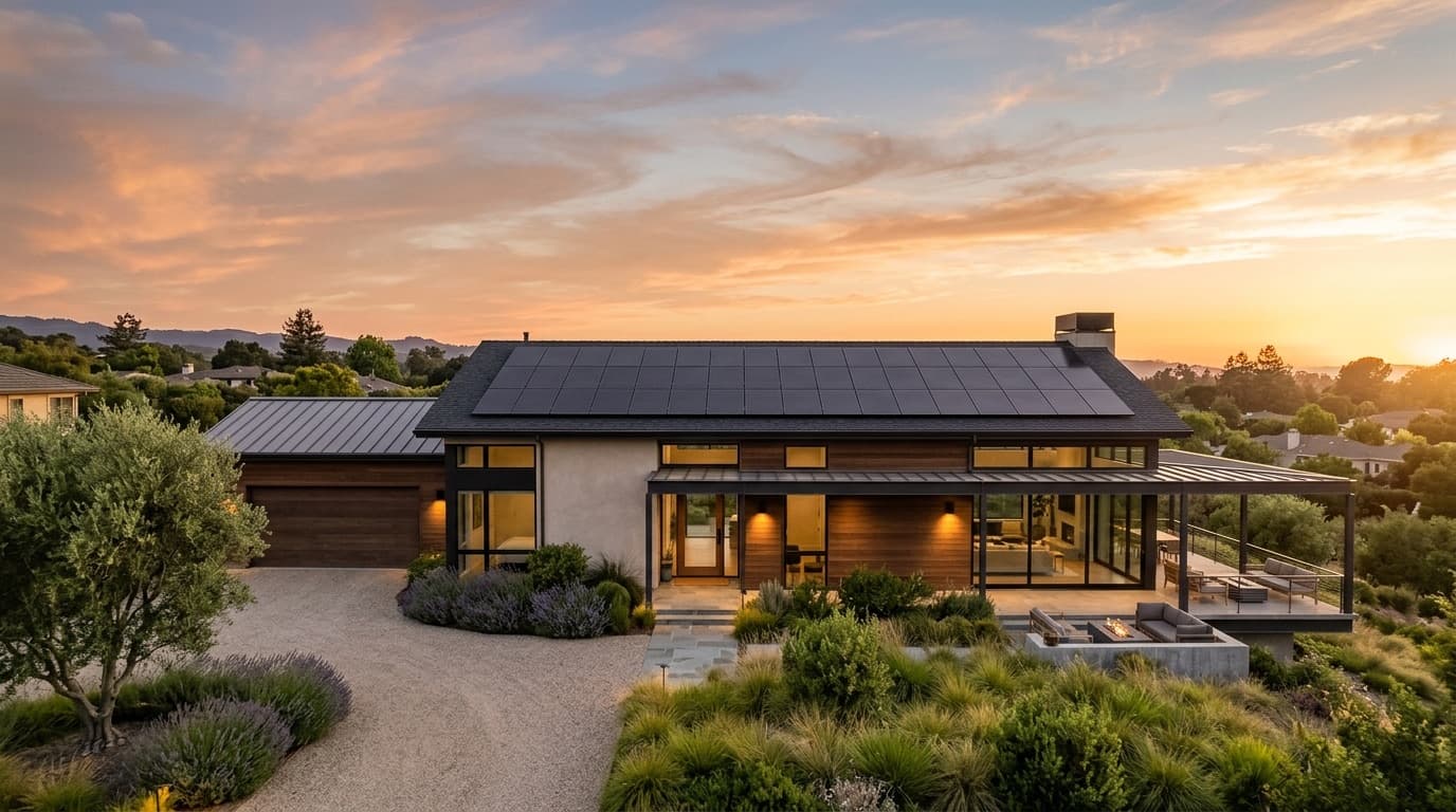 A modern home with black solar panels on its roof at sunset