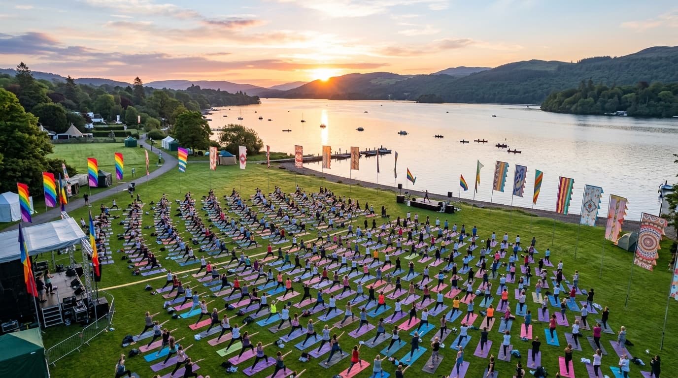 Hundreds of people doing yoga on a lawn beside a lake at sunrise