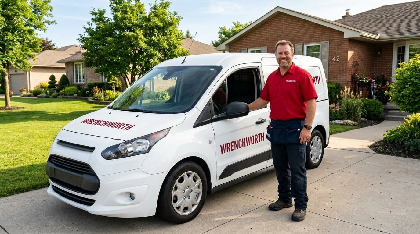 A Wrenchworth plumber smiling beside his service van in a driveway
