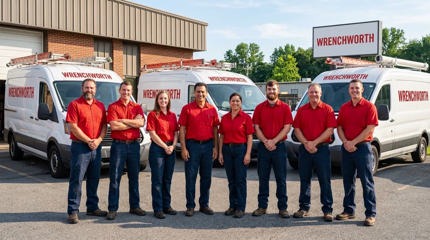 The Wrenchworth team in red shirts in front of their vans